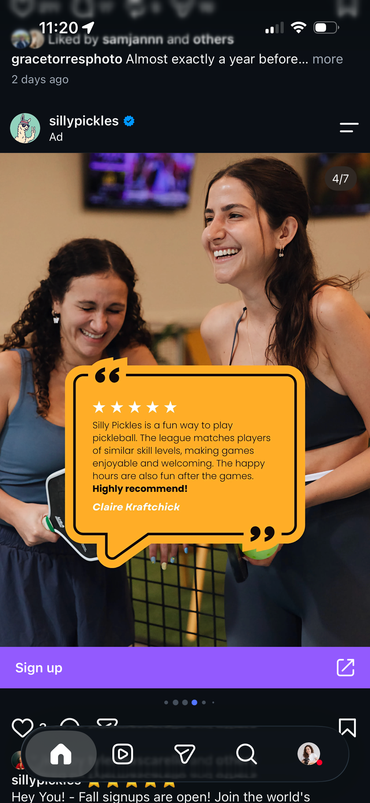 Two women smiling and playing pickleball in a Silly Pickles league ad with a 5-star customer review overlay.