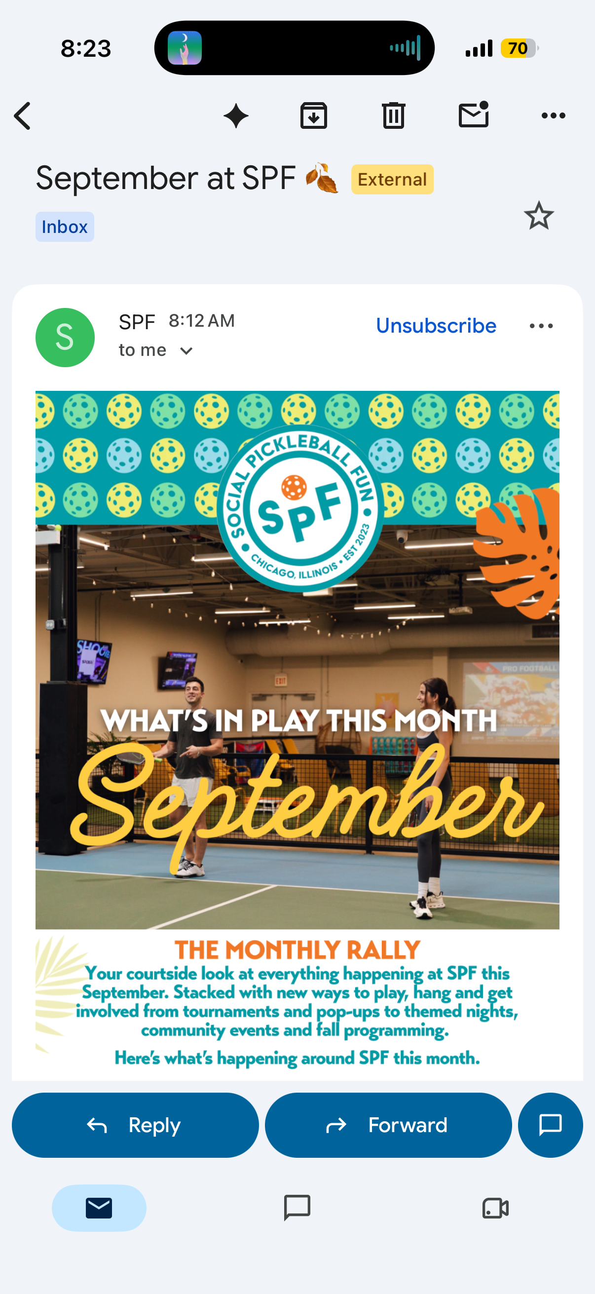 Social Pickleball Fun SPF Chicago Illinois email newsletter highlighting September monthly events, tournaments, and community programming.