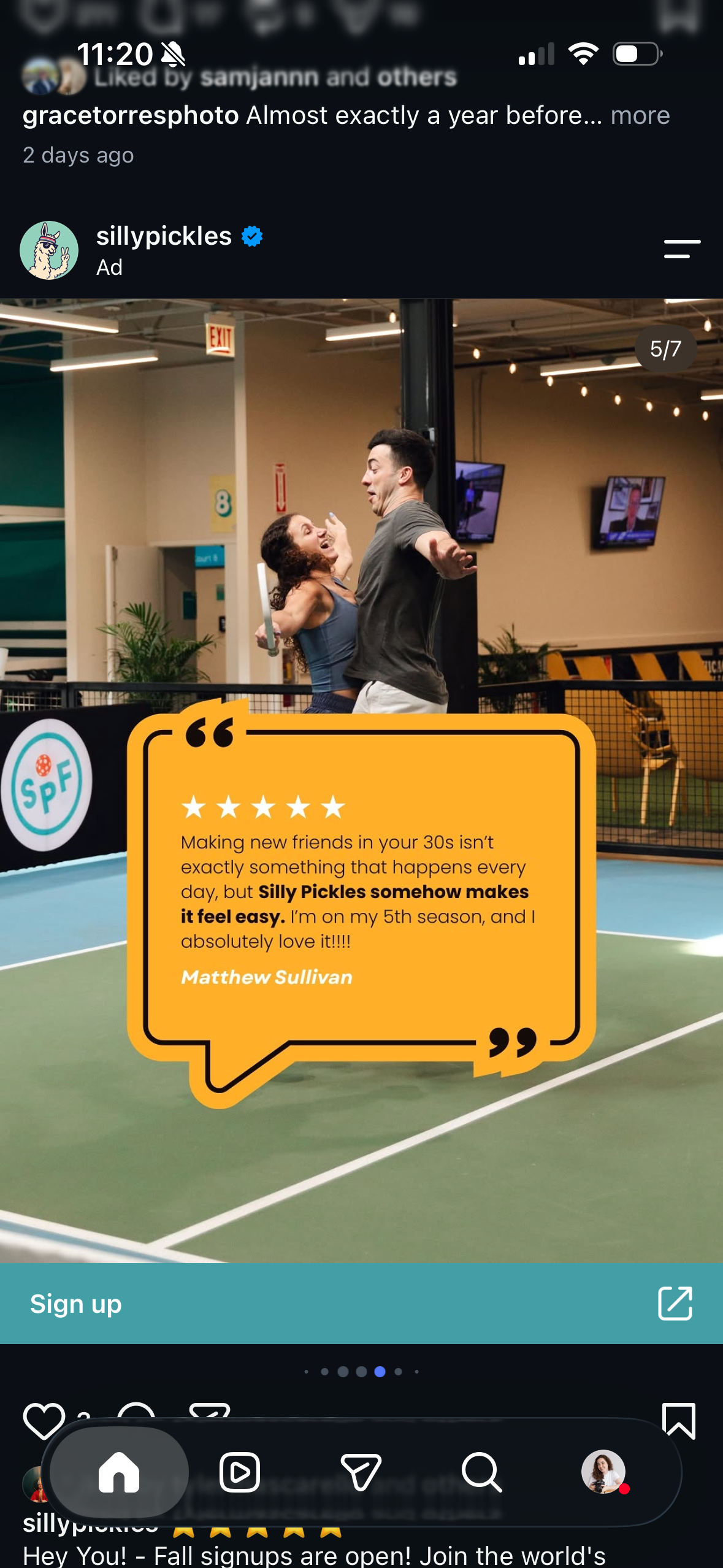 Instagram ad for Silly Pickles showing two people playing pickleball with a 5-star review from Matthew Sullivan on a yellow speech bubble.