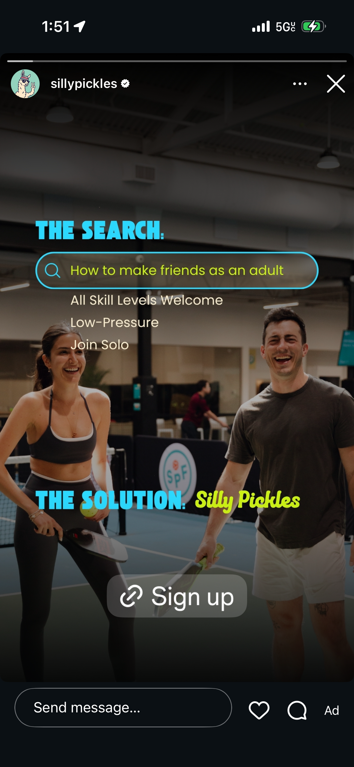 Silly Pickles pickleball social club Instagram ad featuring two smiling adults on an indoor court with sign-up call to action.