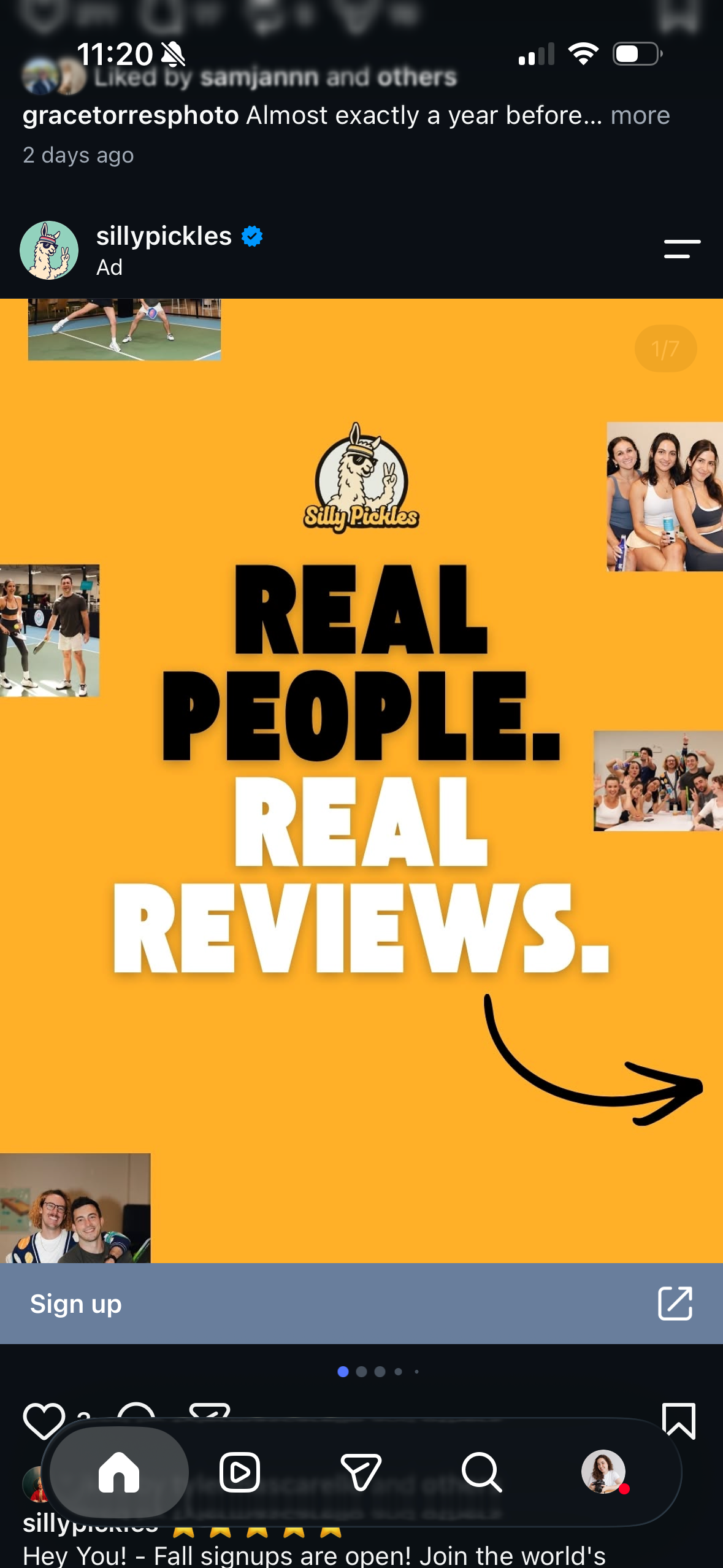 Silly Pickles ad on Instagram promoting real people and real reviews with a bold yellow background and user photos.