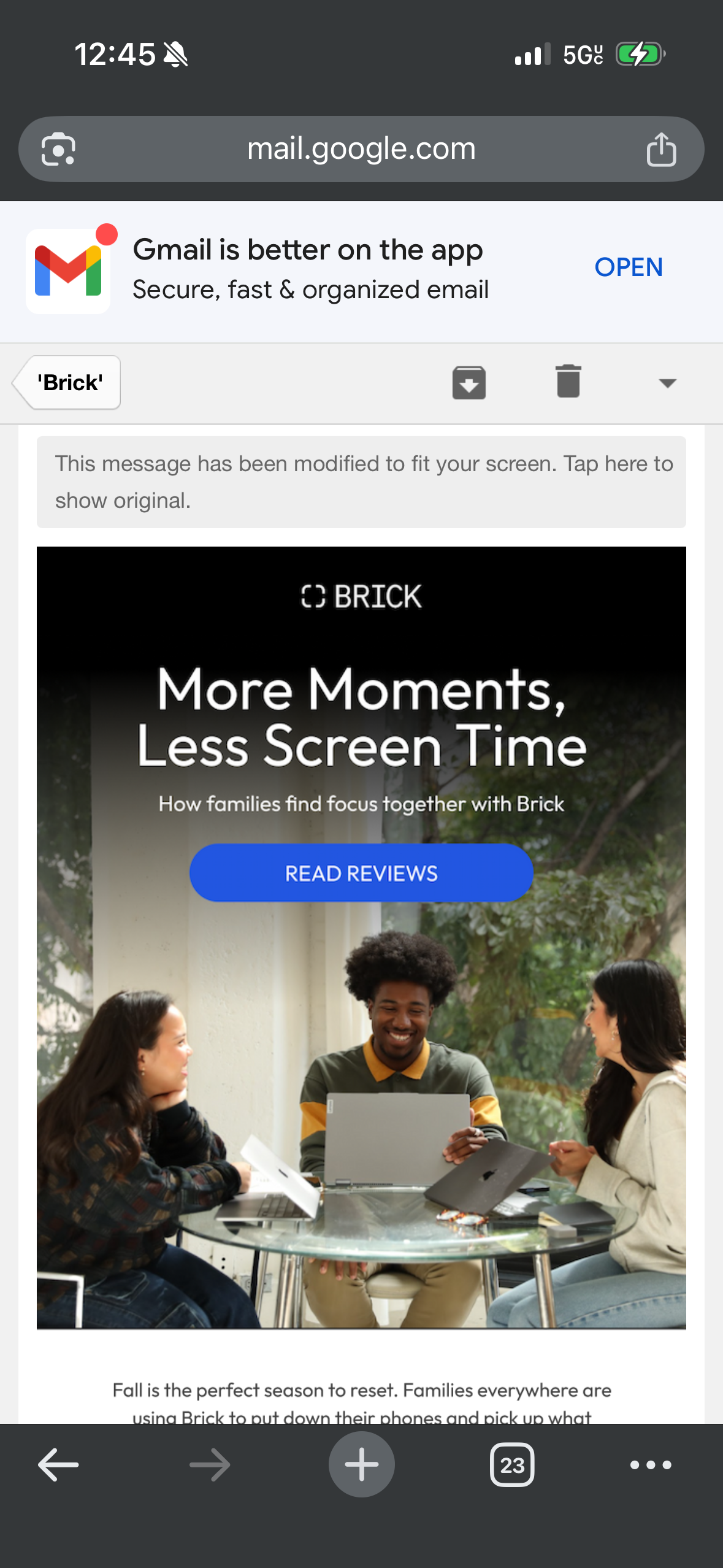 Brick app email promoting family screen time management with three people collaborating around a laptop at a glass table.