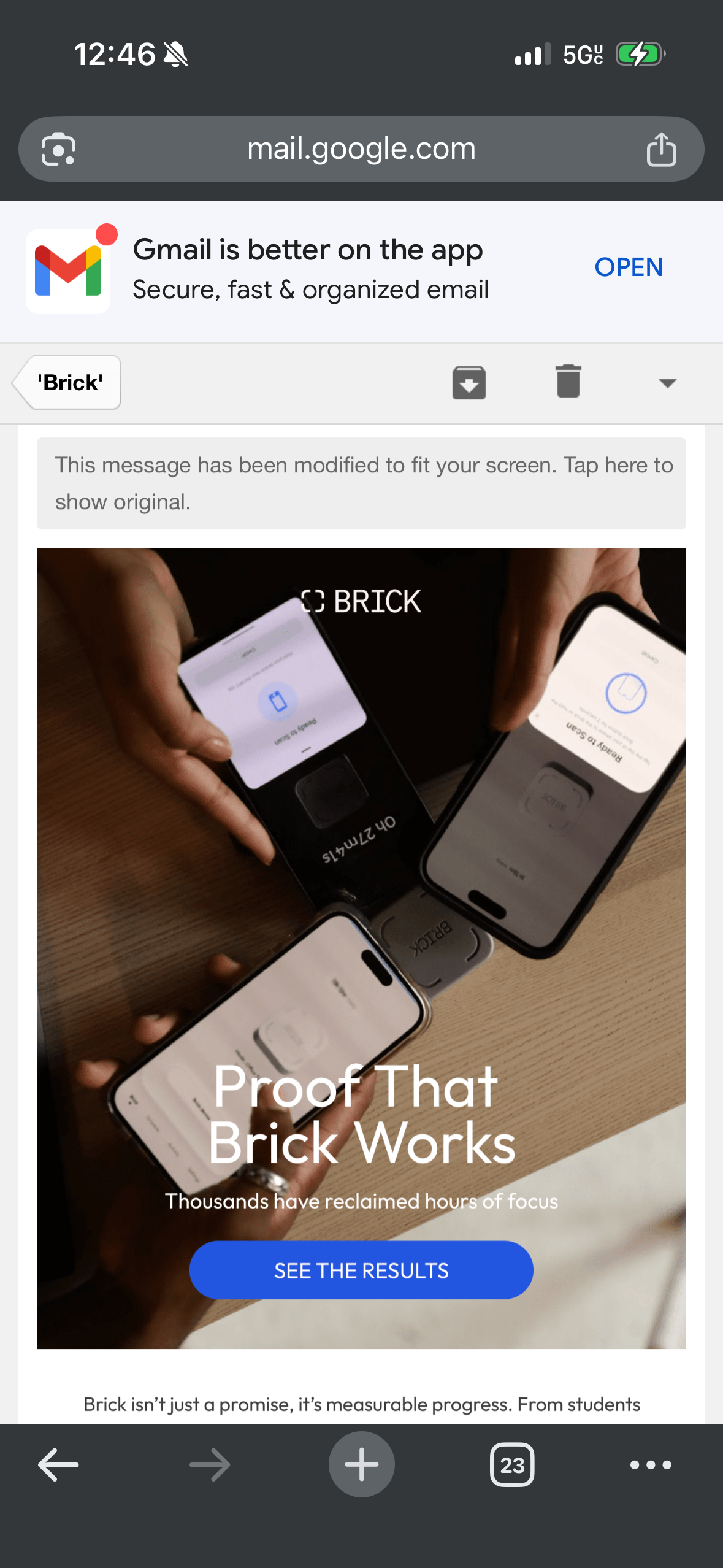 Brick app promotional email showing multiple smartphones with the Brick focus app, titled Proof That Brick Works.