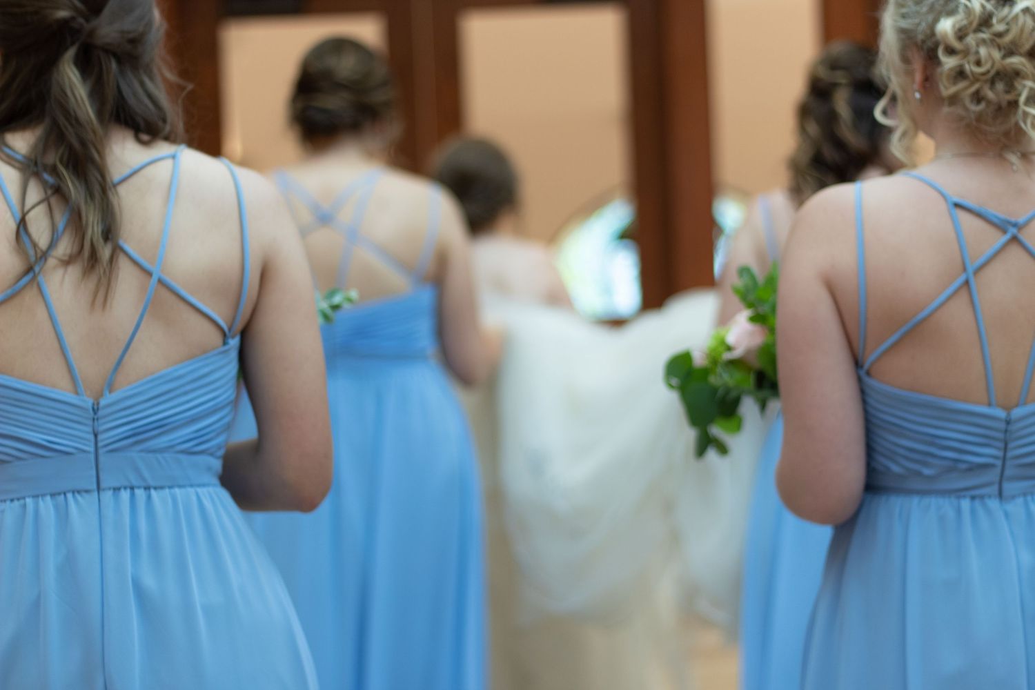 Line of bridesmaids in blue dresses shown from behind at a formal event.