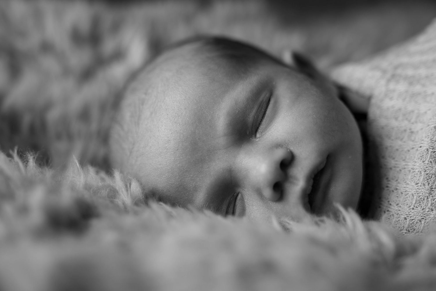 Peaceful sleeping baby in black and white portrait.