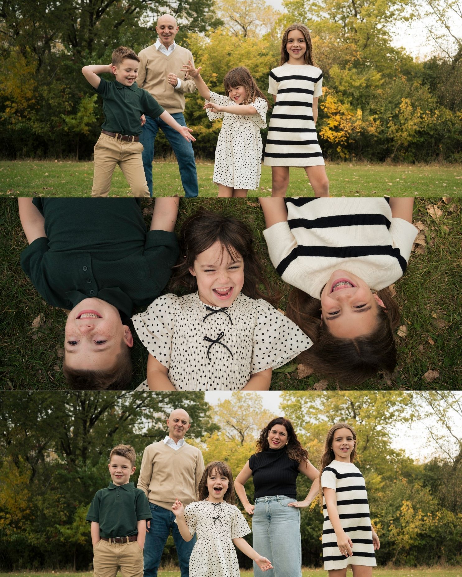 A family enjoys playful poses and candid moments during an outdoor photo session in a park with autumn foliage.