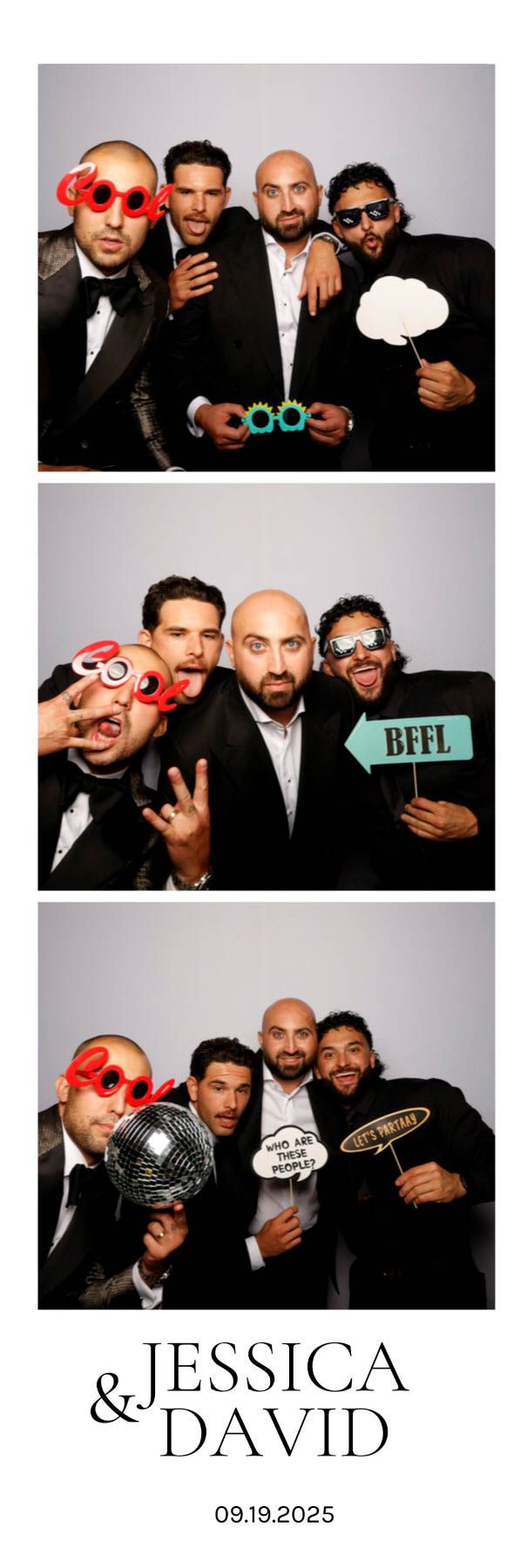 A series of three photo booth style images showing friends posing with props like sunglasses and signs at a wedding celebration.
