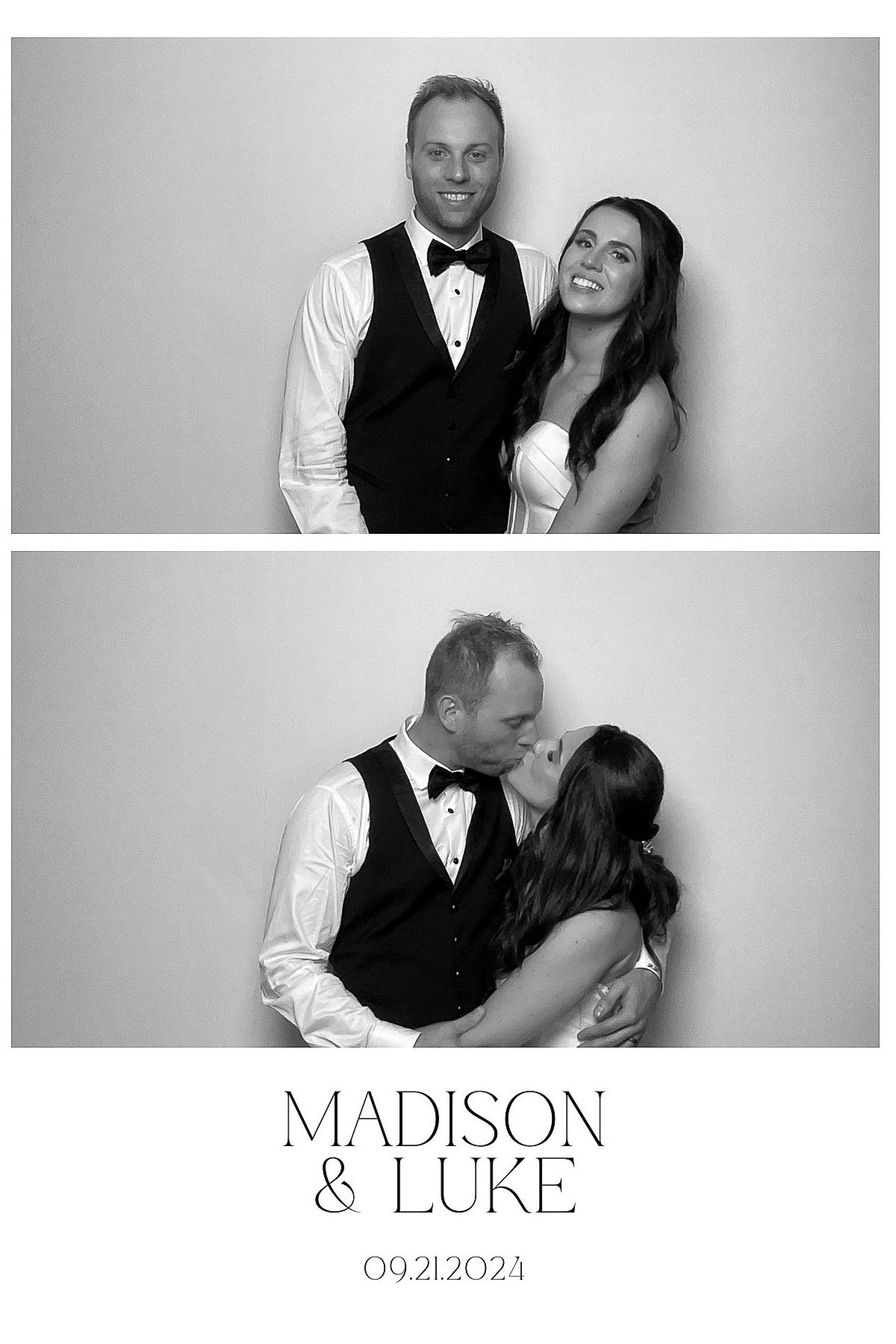 Black and white photo booth strip showing couple at wedding in formal attire posing lovingly together with date text below.