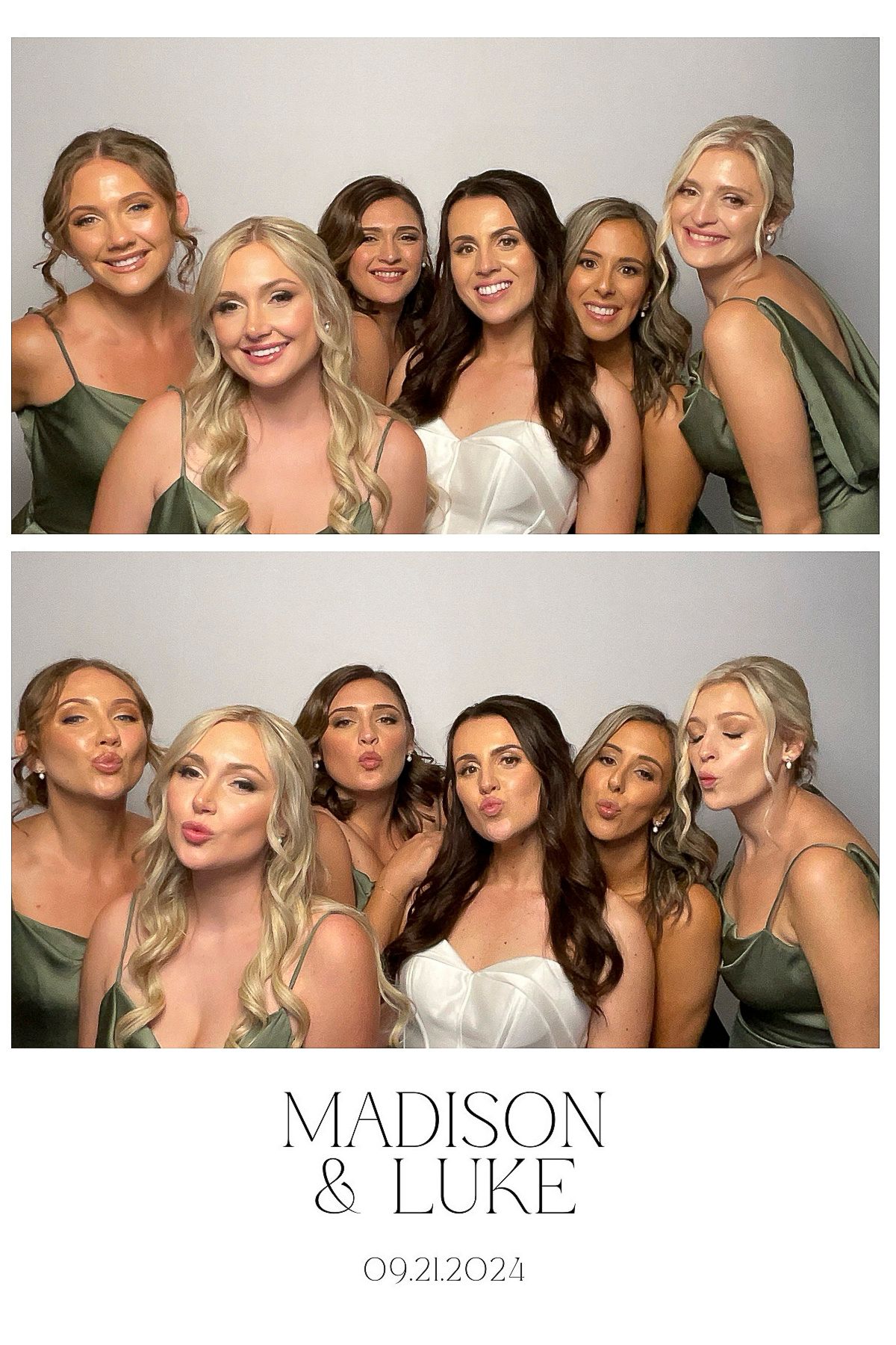 Wedding party photo booth strip showing bridal group in sage green dresses posing formally and making fun faces.
