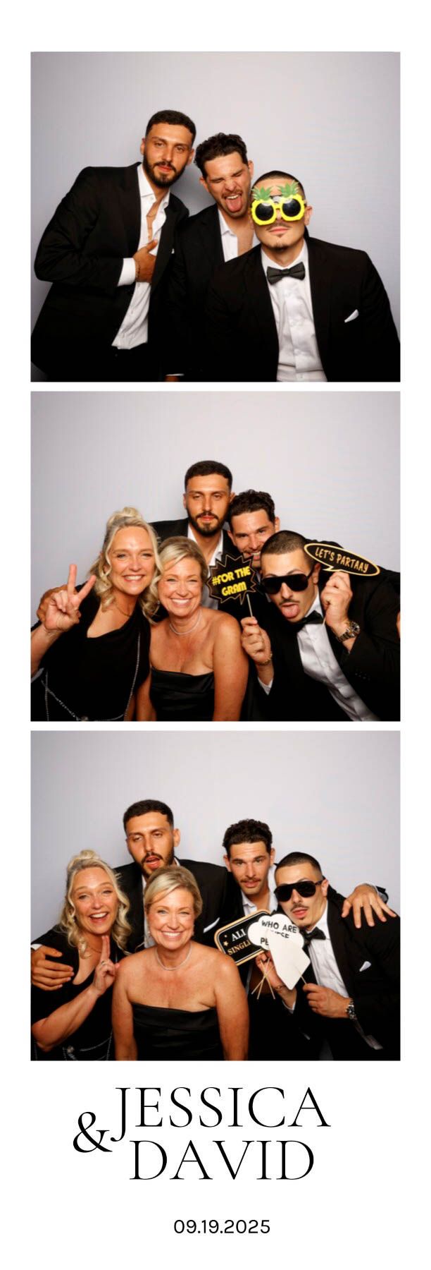 Photo booth collage showing wedding guests posing with props and silly expressions against a white backdrop.