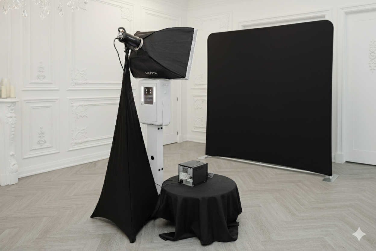 A sleek black and white gallery space with minimalist artwork displays and herringbone wood flooring.