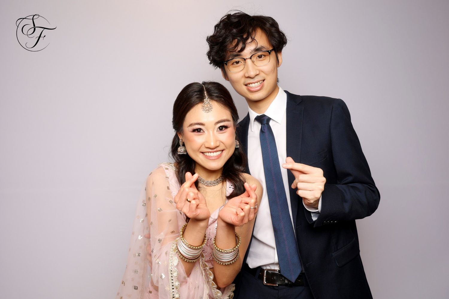 A series of photo booth style snapshots showing a couple in formal attire posing playfully together.