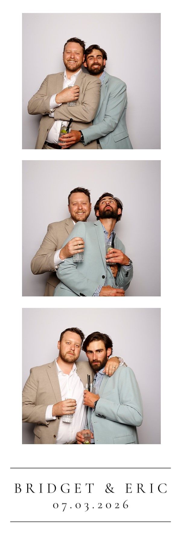 Two men in suits pose playfully in a photo booth strip at Bridget and Eric's wedding on 07.03.2026.