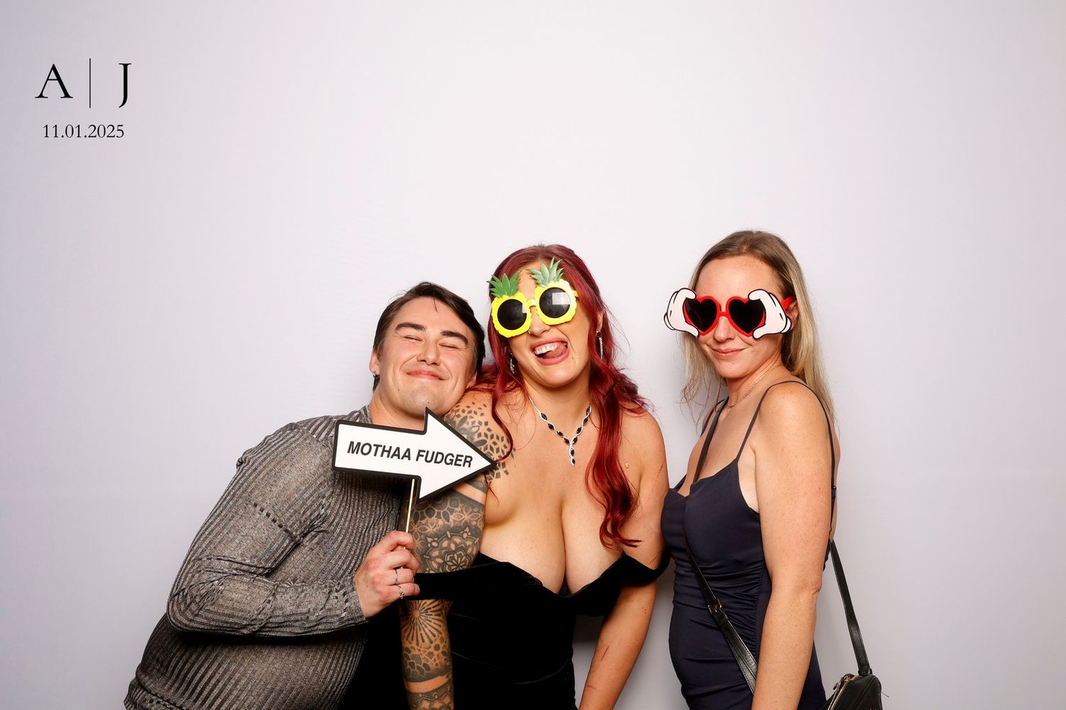 A series of photo booth style images showing friends posing with props and making silly faces together.