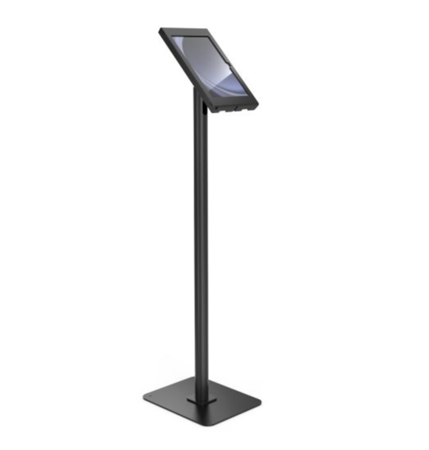 Black metal tablet stand with adjustable angle display mount and sturdy floor base for commercial or retail use.