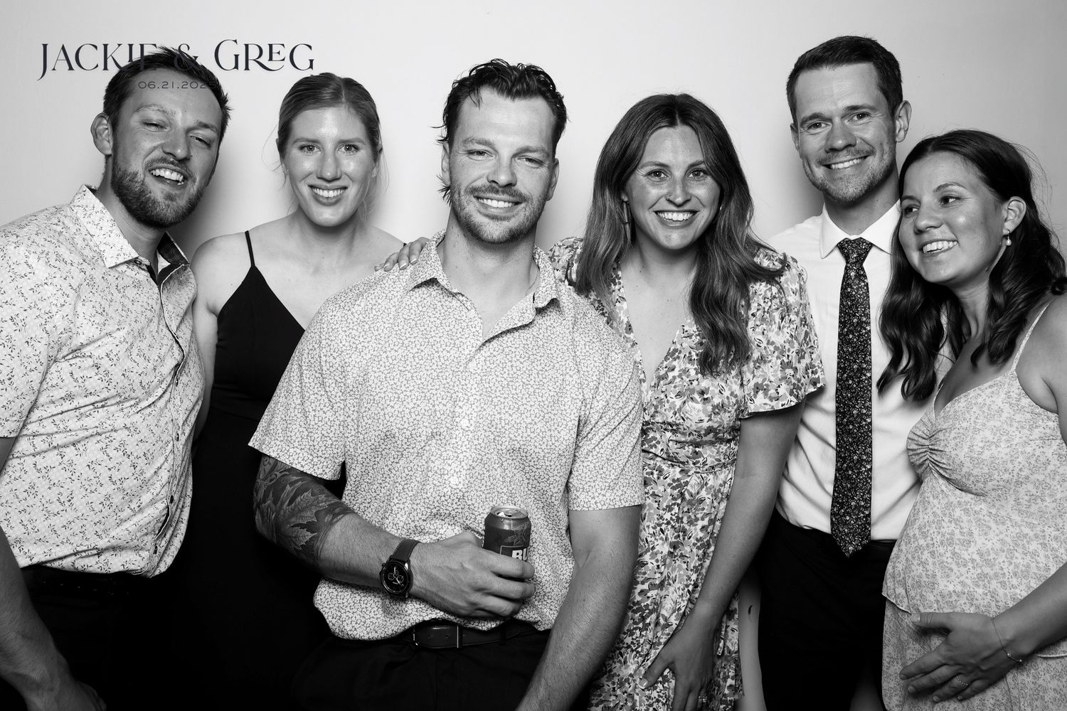 A series of black and white candid photo booth style snapshots showing people laughing and posing together.