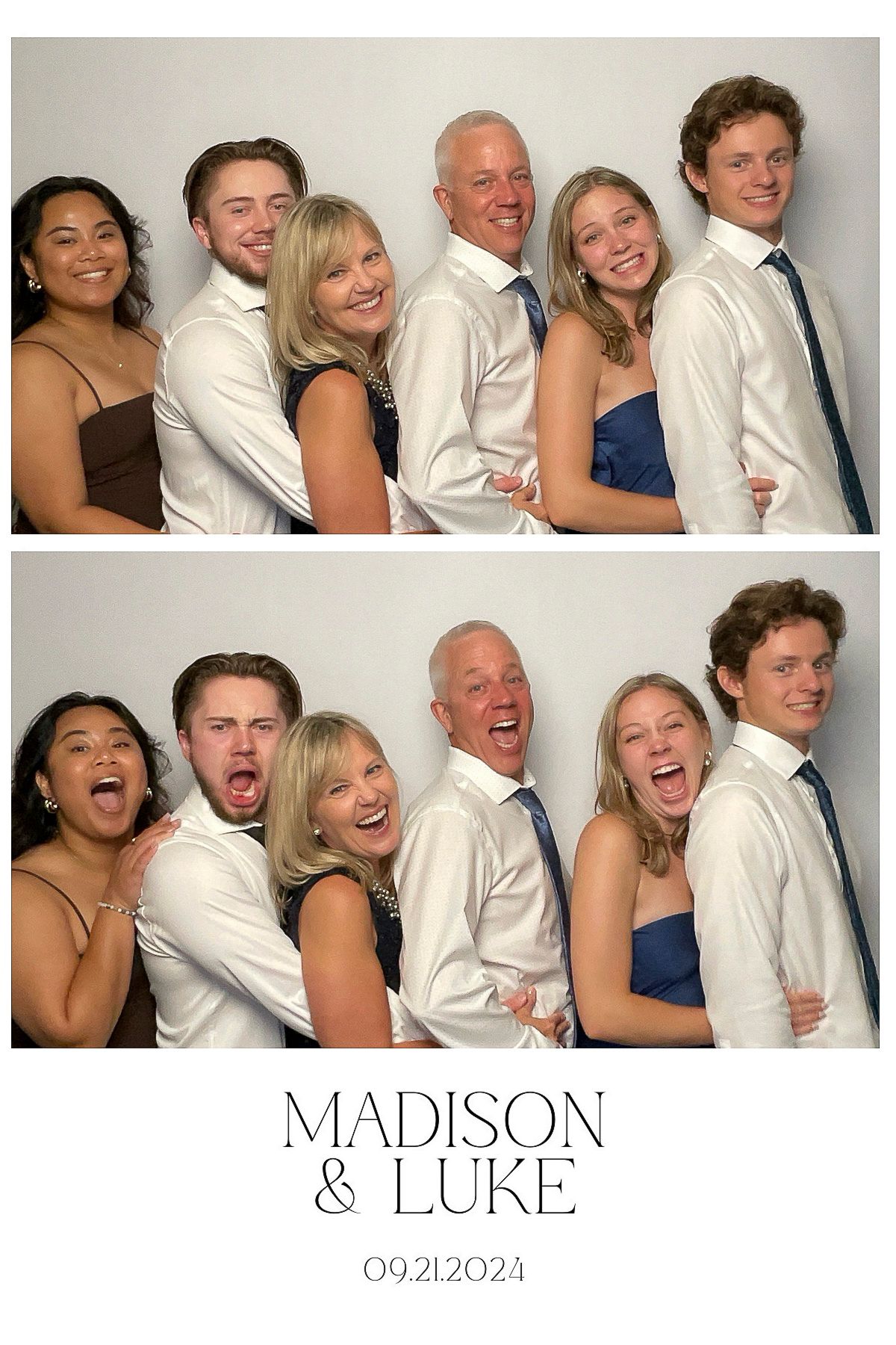 Fun and candid photo strip showing a playful sequence of people laughing and embracing at a rustic wedding celebration.