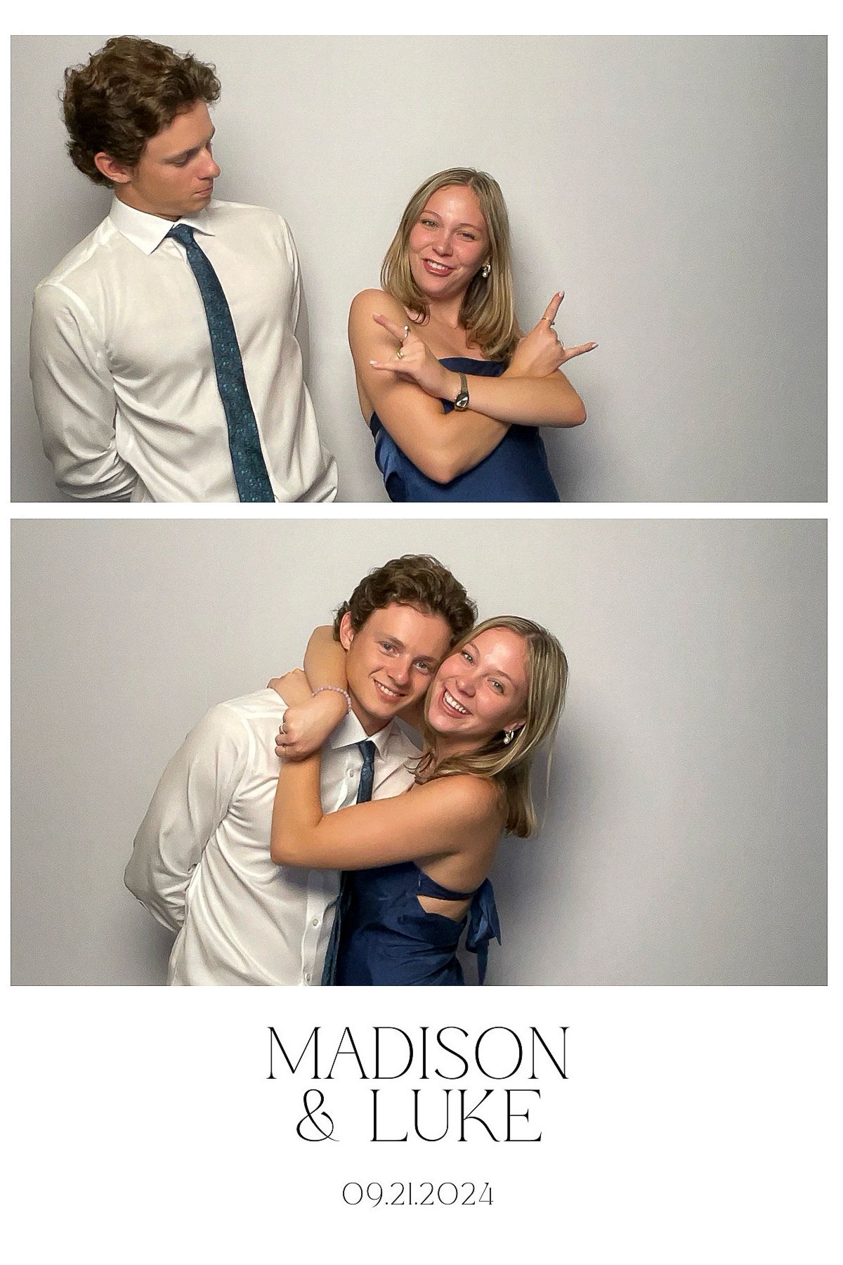 A romantic engagement photo collage features a couple in white and navy blue embracing in various candid poses against a gray backdrop.