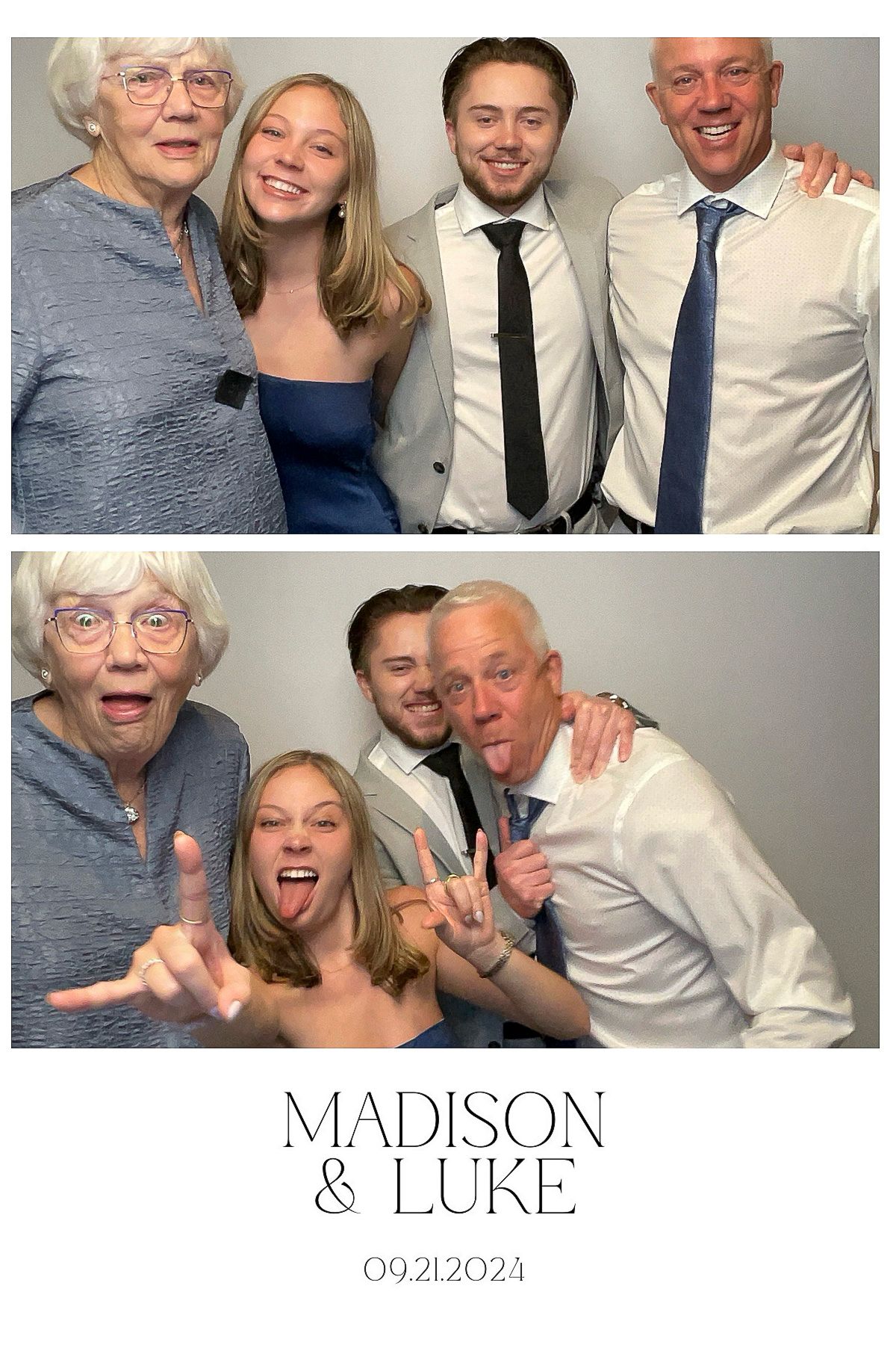 Three people posing together in a fun photo booth style montage, making silly faces and embracing in formal attire.