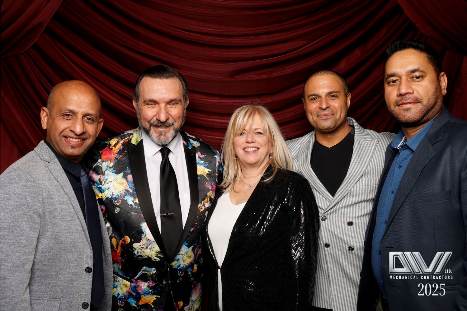 Group photos of attendees gathered together at an entertainment industry event with red curtain background.