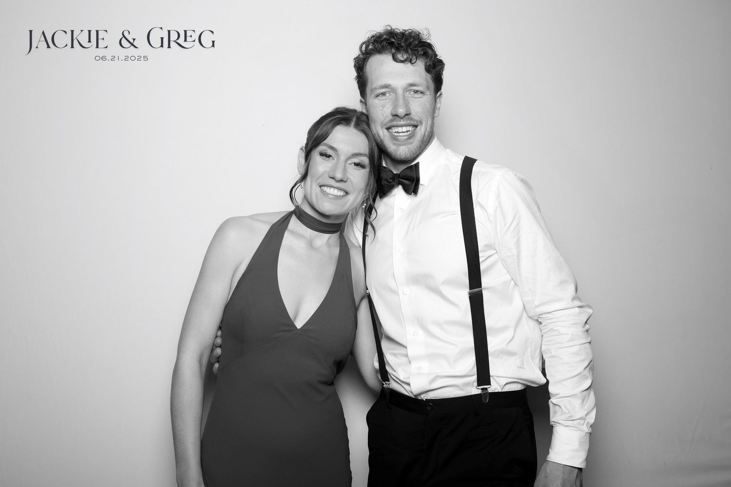 Black and white photo collage showing a couple in formal attire embracing and laughing together.