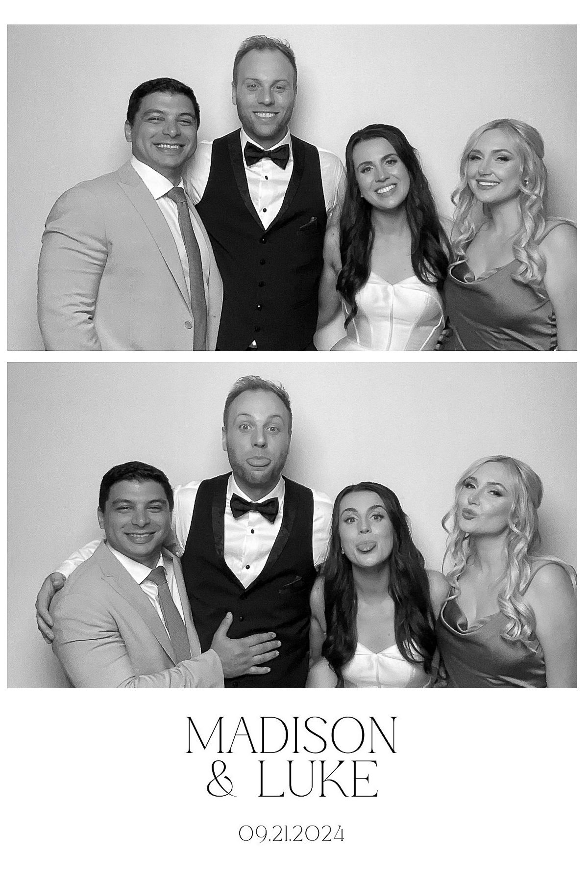 Four black and white photo booth style images showing wedding guests posing playfully together in formal attire.