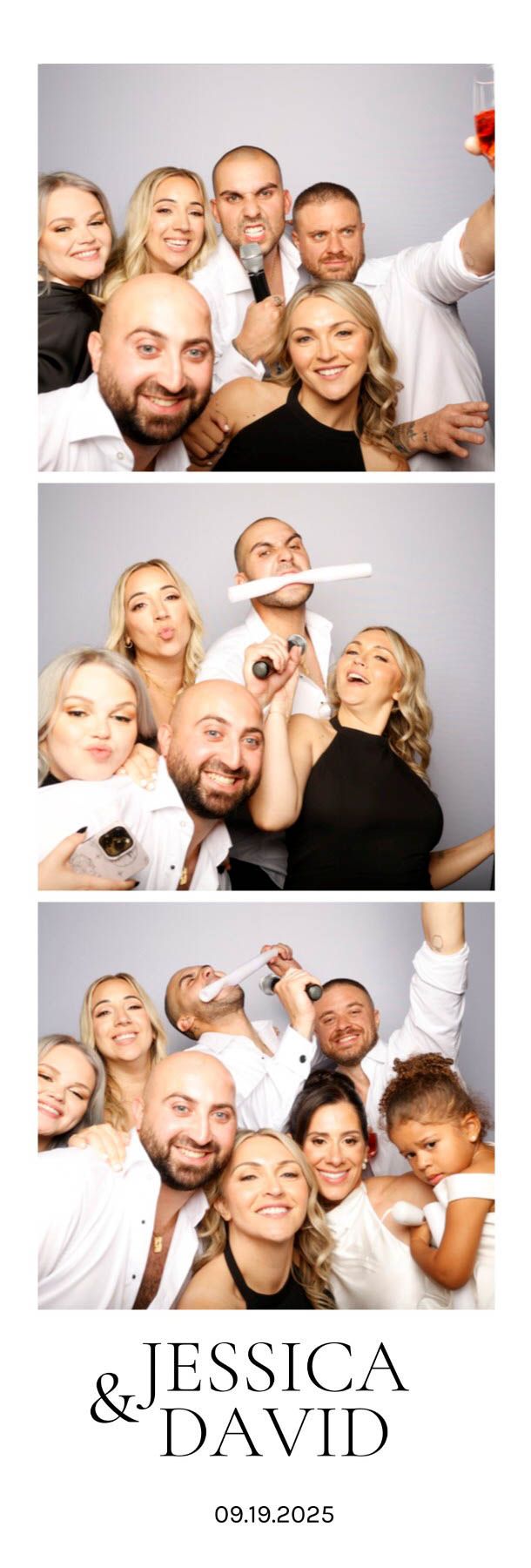 Photo booth collage showing playful poses and expressions against a light gray background with wedding date text.