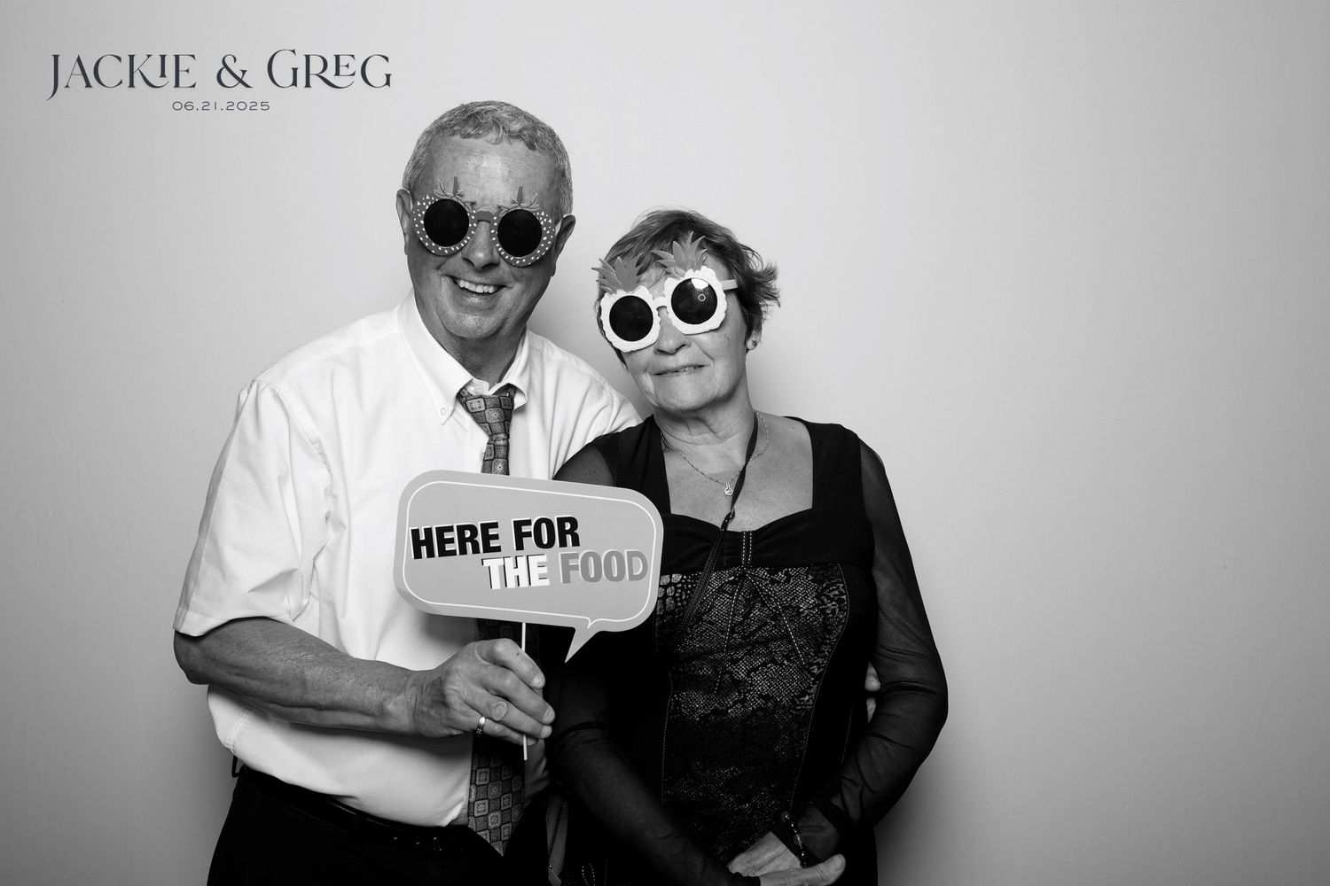 A photo strip collection showing playful black and white poses of a couple wearing casual clothes and sunglasses.