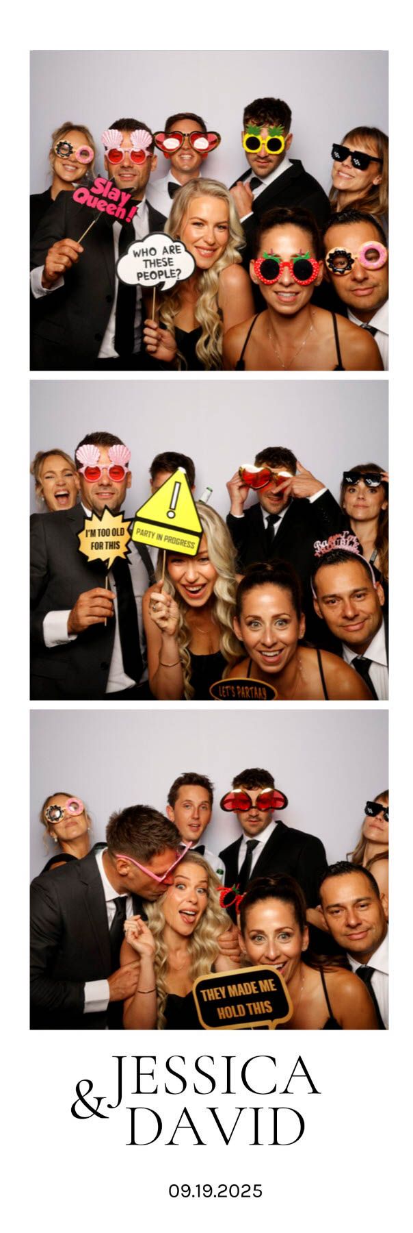 A collection of photo booth strips showing party guests wearing colorful props and making silly faces at a wedding celebration.