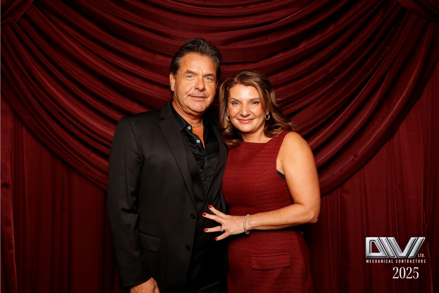 A series of professional photos showing people posing against a red draped curtain backdrop at an event.