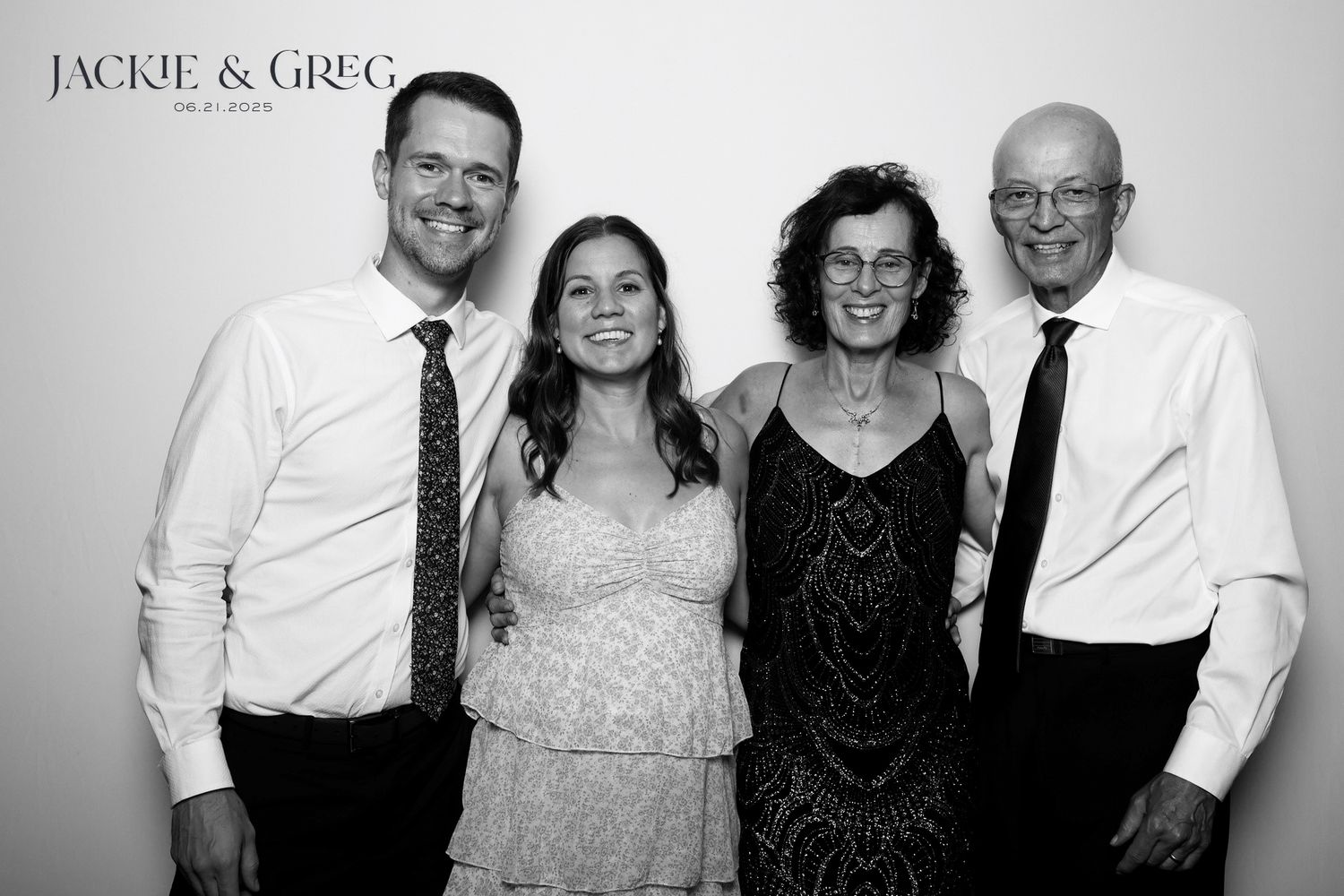 A black and white photo strip showing five different group poses at what appears to be a wedding or formal event.