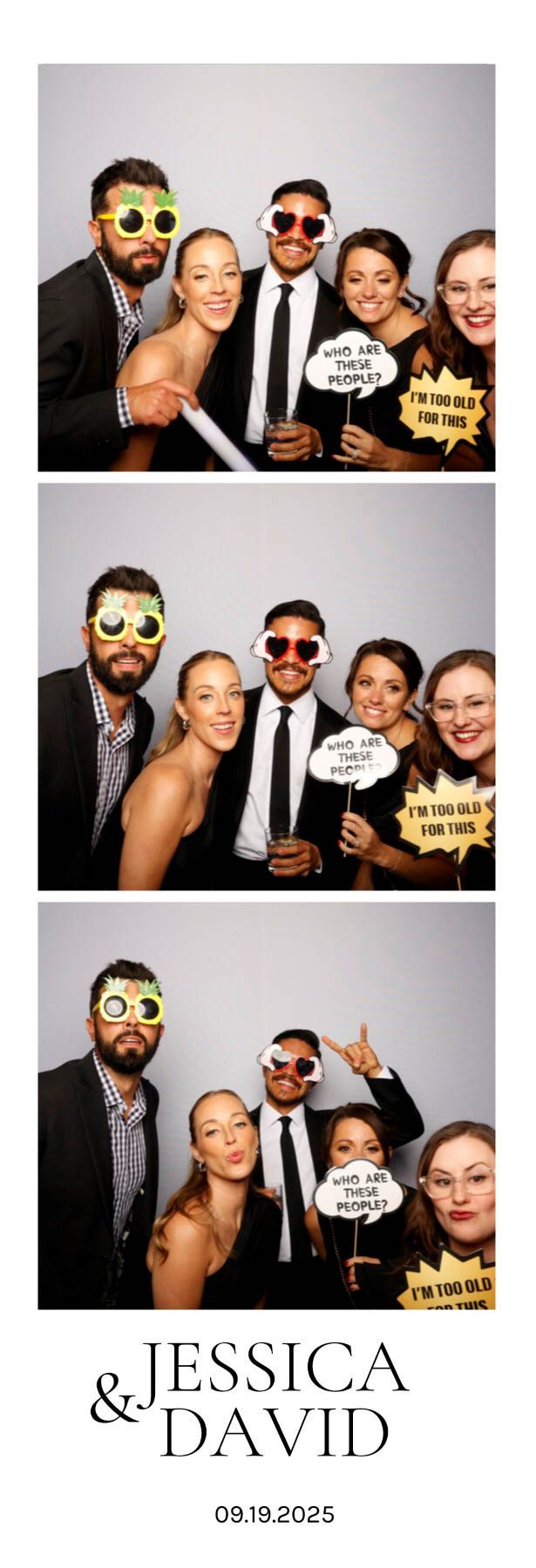 Photo booth strip showing party guests posing with props like sunglasses and speech bubbles at a wedding celebration.