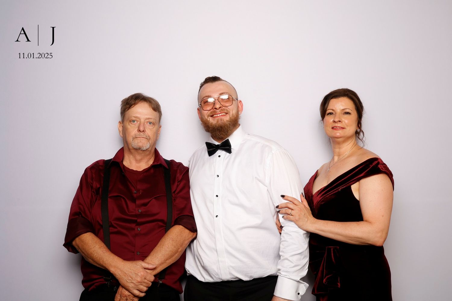 A series of photo booth style portraits showing people posing together against a light gray background.