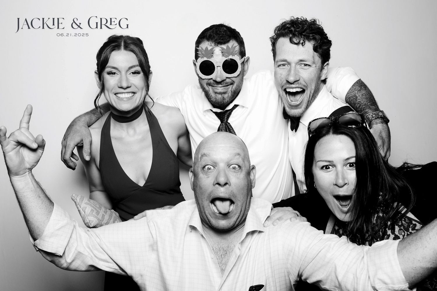 A series of black and white photo booth style snapshots showing playful expressions and poses.
