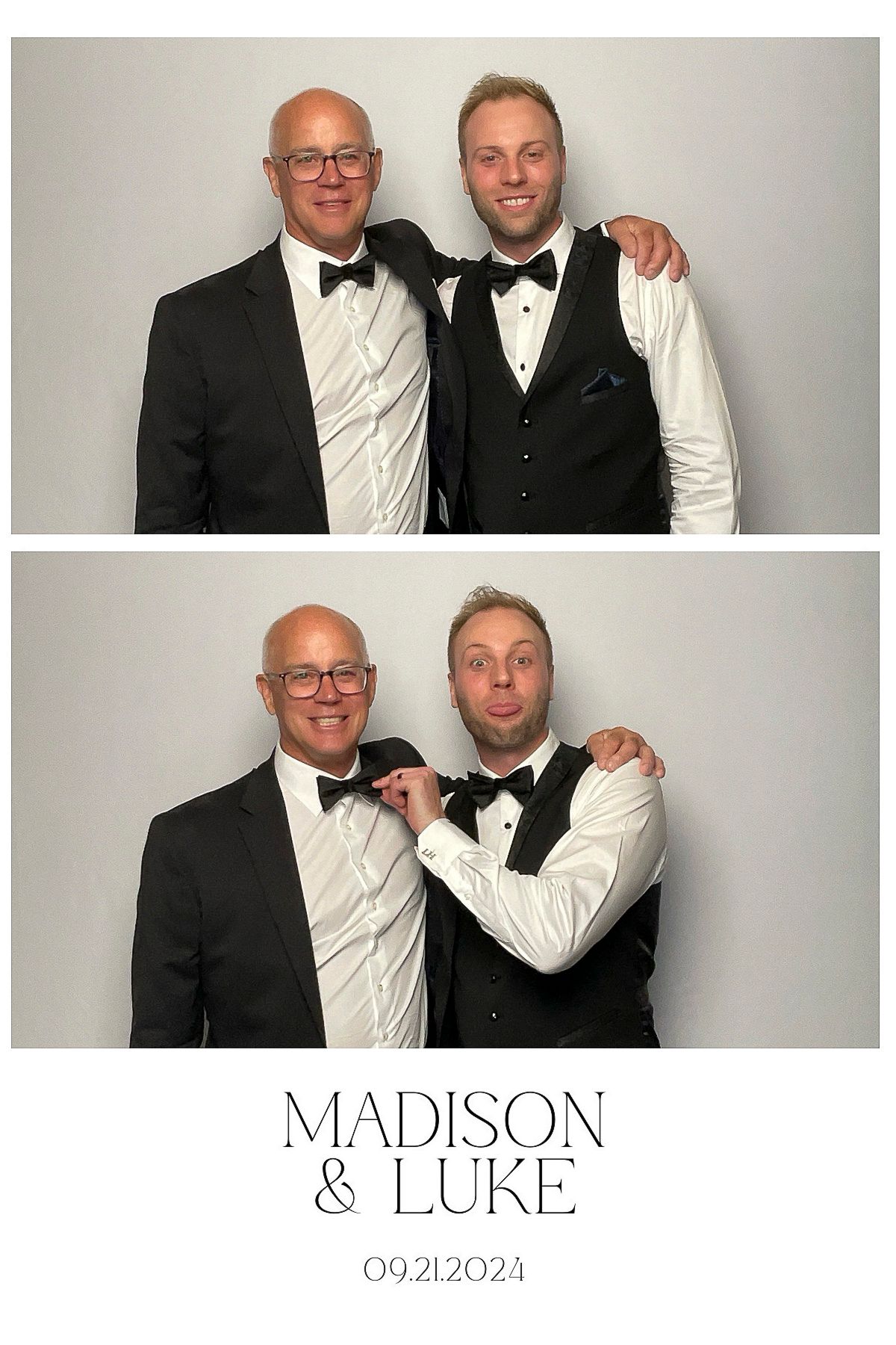Two men in formal black tie attire pose together in a photo booth sequence at a wedding celebration on 09.21.2024.