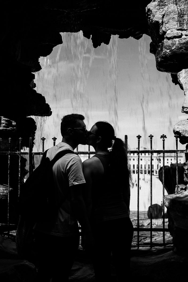 Black and white silhouette of a couple kissing in front of a waterfall and iron fence.