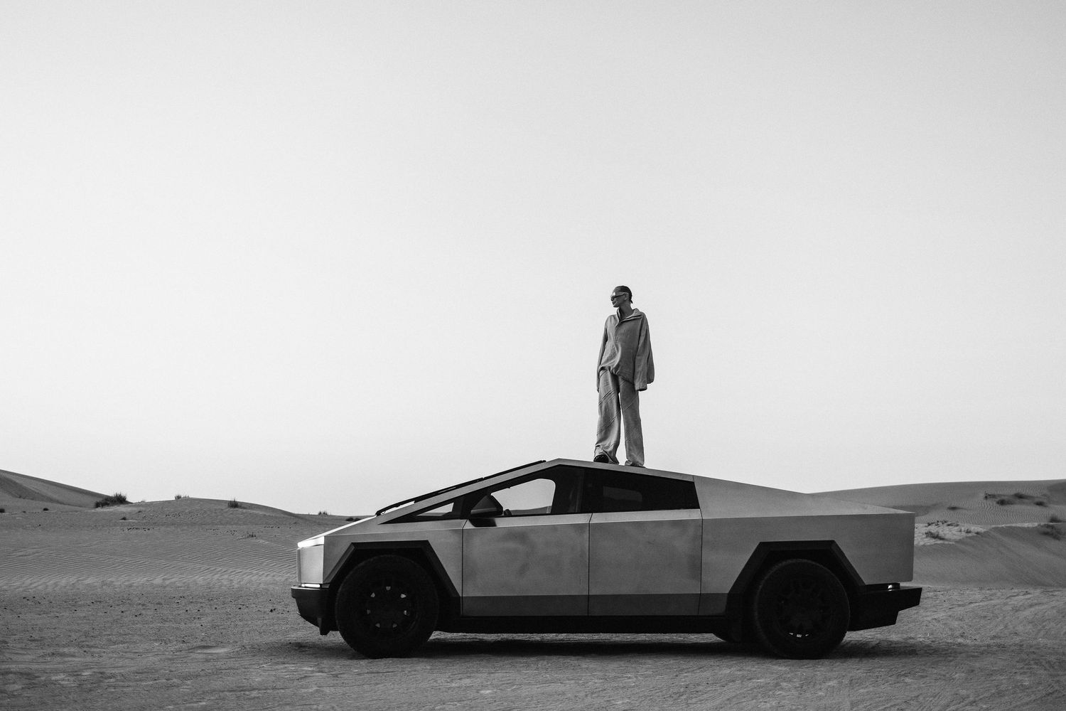 Minimalist black and white landscape with silhouettes against misty horizon. Tesla Cybertruck