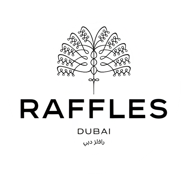 The Raffles Dubai hotel logo design features an elegant text treatment with a decorative floral motif above.