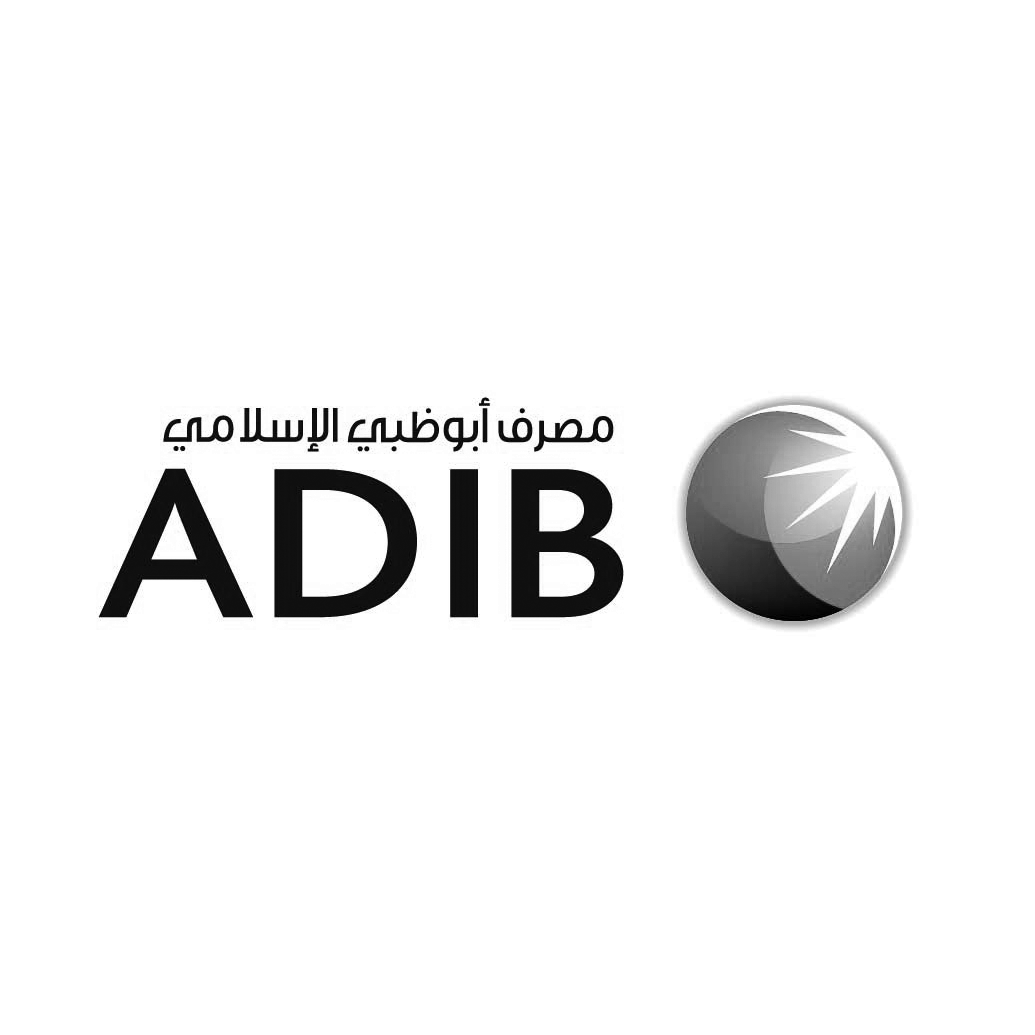 Black and white logo for ADIB Islamic Bank with stylized Arabic text and circular emblem design.