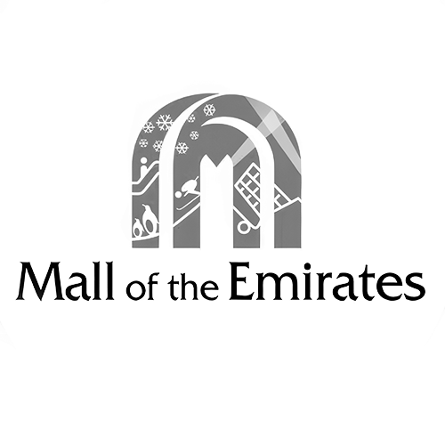 Grayscale logo for Mall of the Emirates showing stylized Arabic-inspired archway design with text underneath.