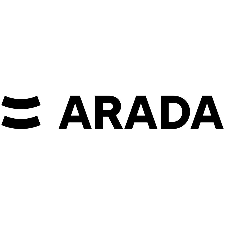 Bold black and white text reading 'ARADA' on a minimalist gray background with a curved line design element.