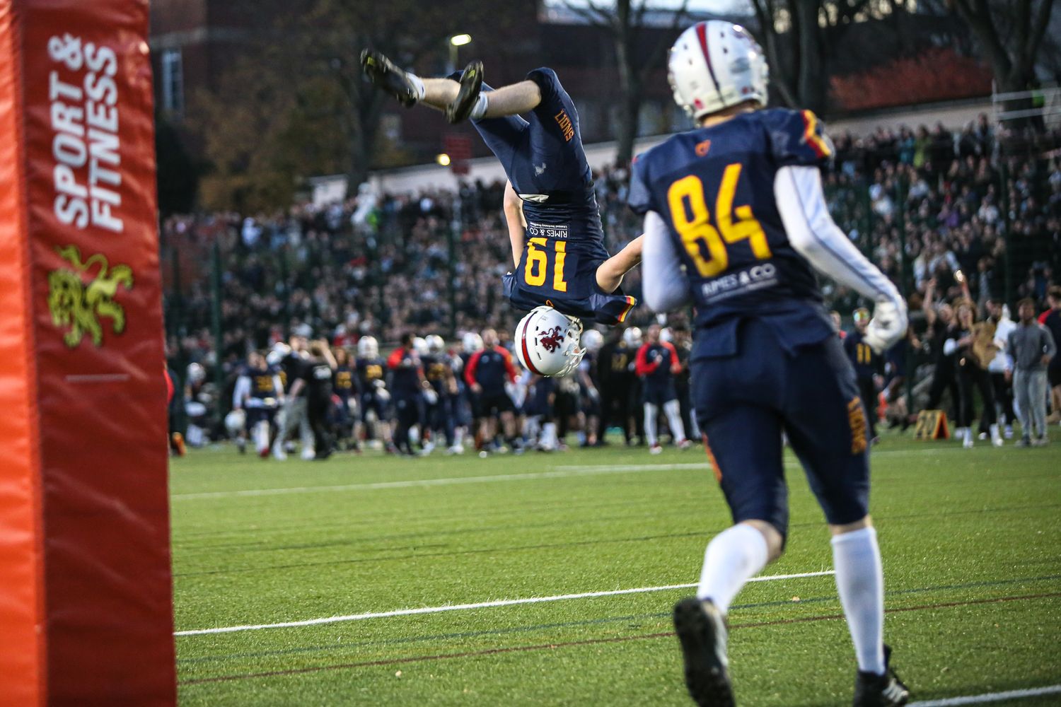 Football players in blue and yellow uniforms competing during a game.