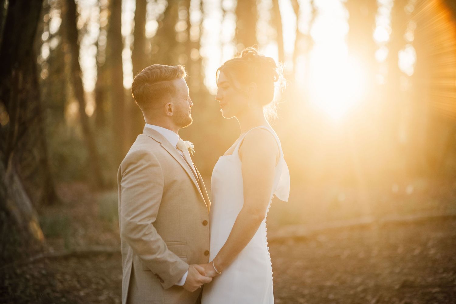 A bride and groom share a romantic moment in golden sunset light among trees on their wedding day.