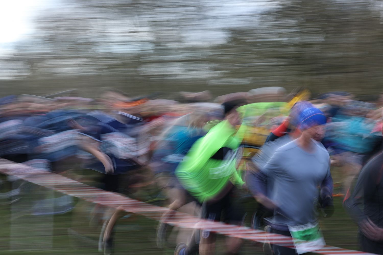 Motion-blurred runners racing past trees in a cross country competition.