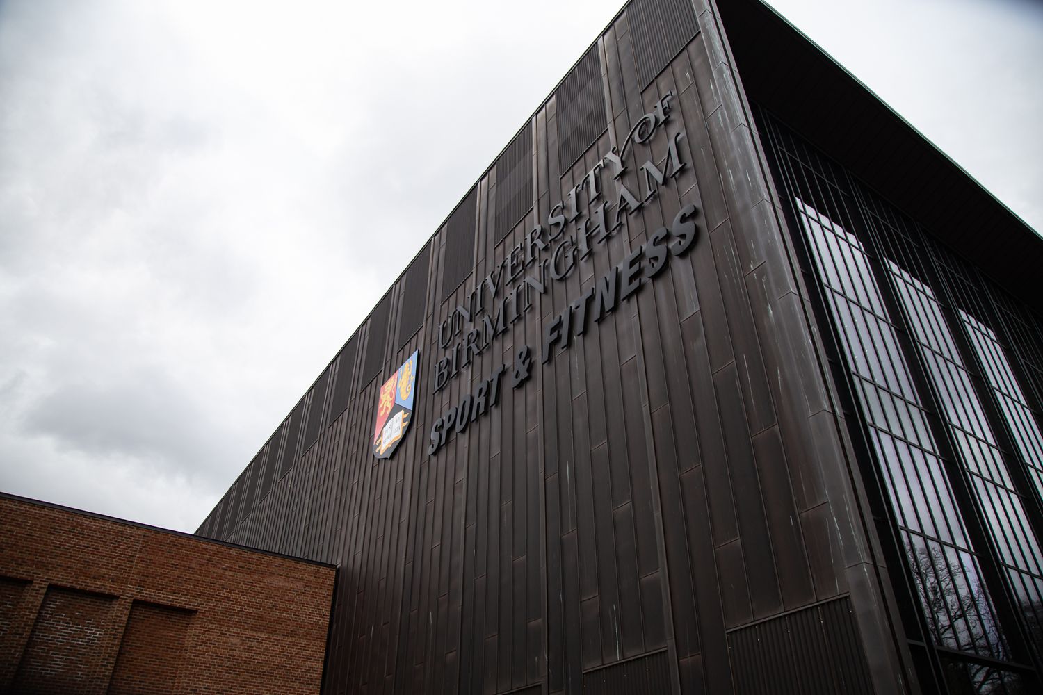 Dark wooden architectural details and walls photographed from a low angle against cloudy sky.