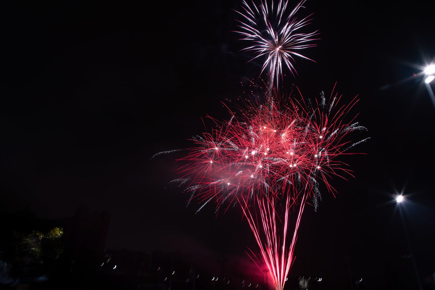 Bright pink and red fireworks explode against the dark night sky in a dazzling pyrotechnic display.