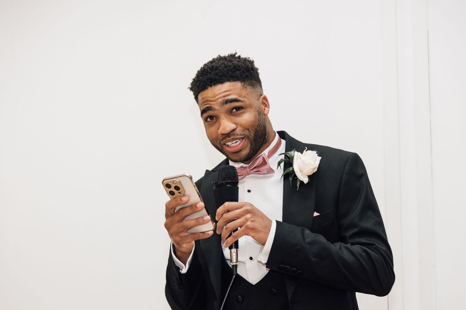 Formal portraits against white backdrop showing joyful expressions and gestures.