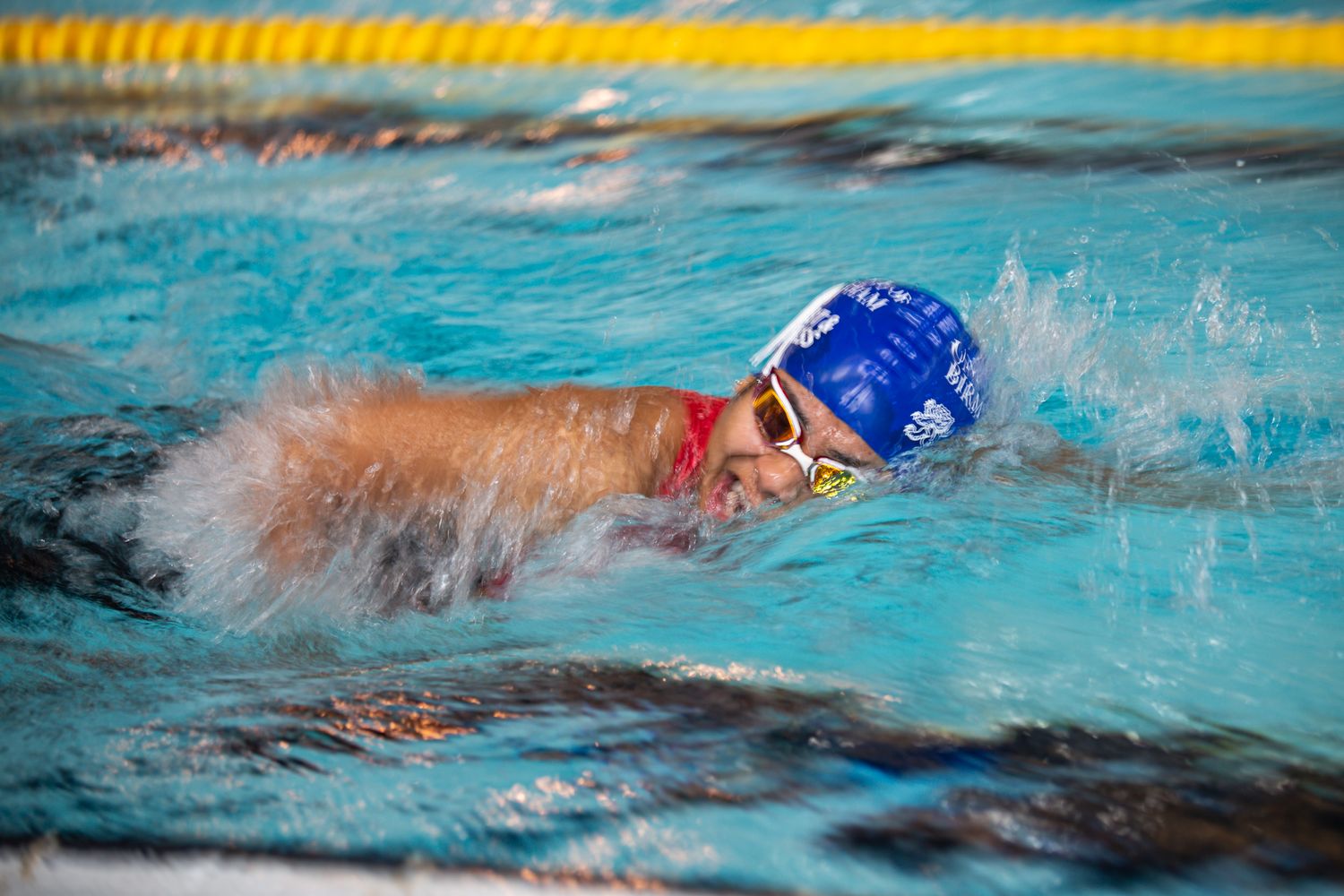 Swimmers racing in an indoor pool with yellow lane markers.