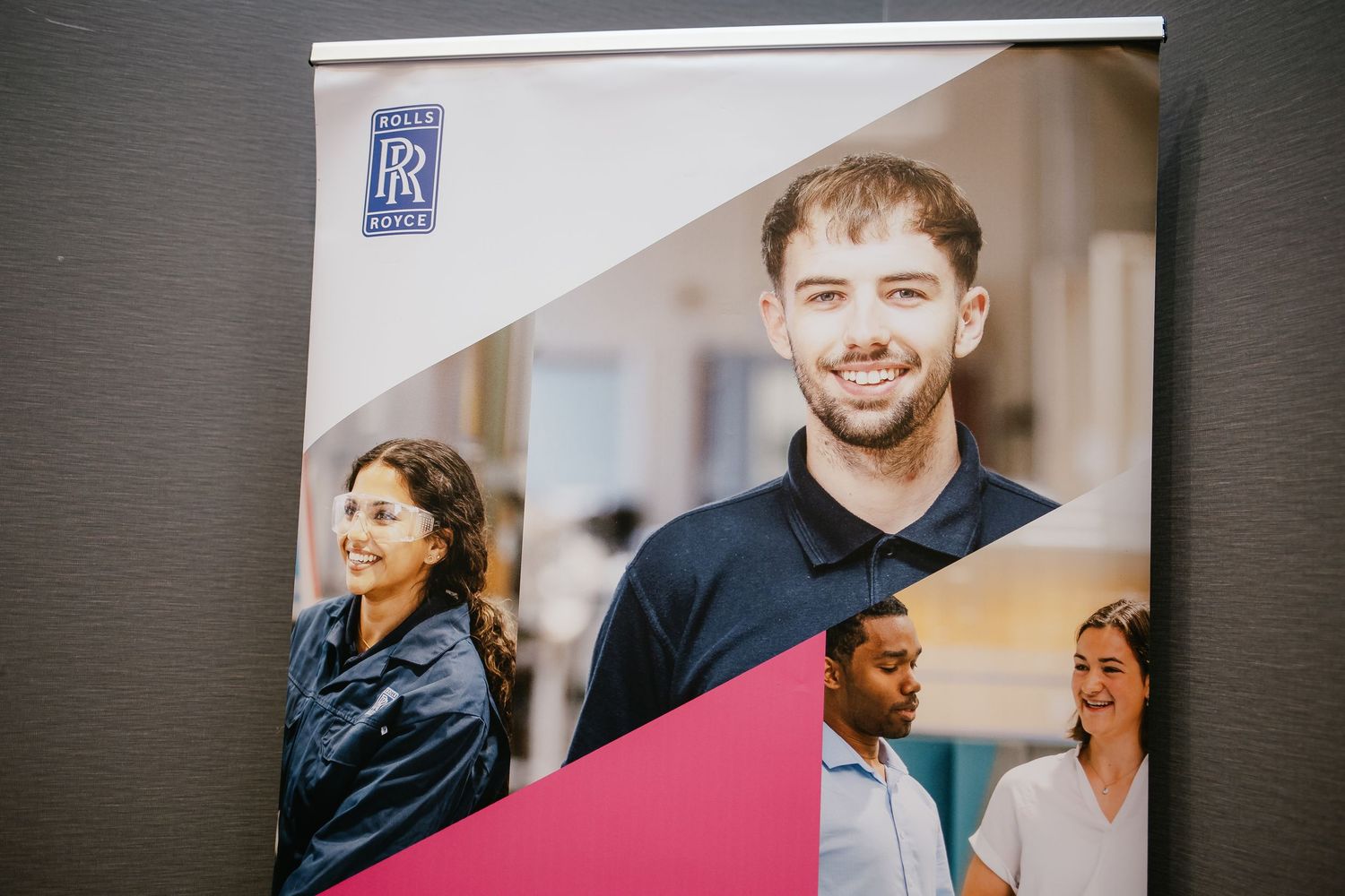 A series of candid photos showing people interacting and smiling in an office or professional setting.