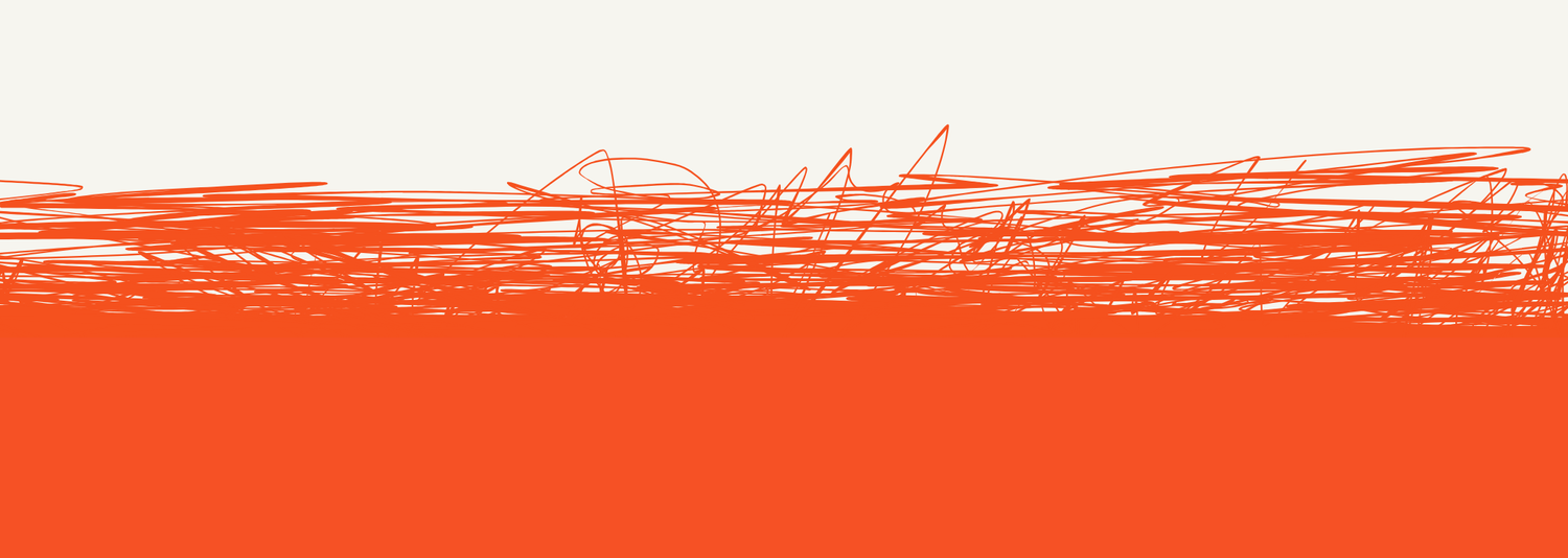 Abstract artwork of tangled orange and red scribbled lines rising above a solid vibrant orange block on a pale cream background.